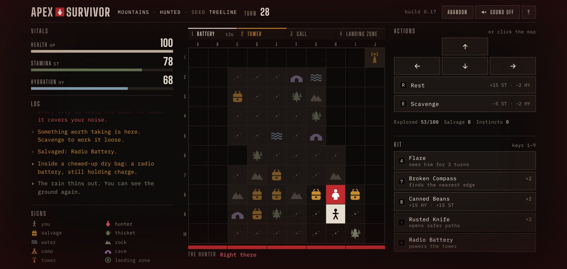 Apex Survivor on turn 28 in the Mountains: vitals and the log on the left, a half-uncovered map in the centre with the hunter's tile lit red directly above the player and the radio tower far off in the top corner, the meter under the map full and reading Right there, and the actions and a kit holding the radio battery on the right.