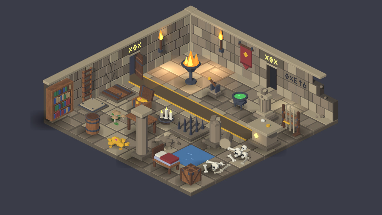 The same isometric dungeon room again in the catacomb theme, with the cold grey stone replaced by warm sandstone.