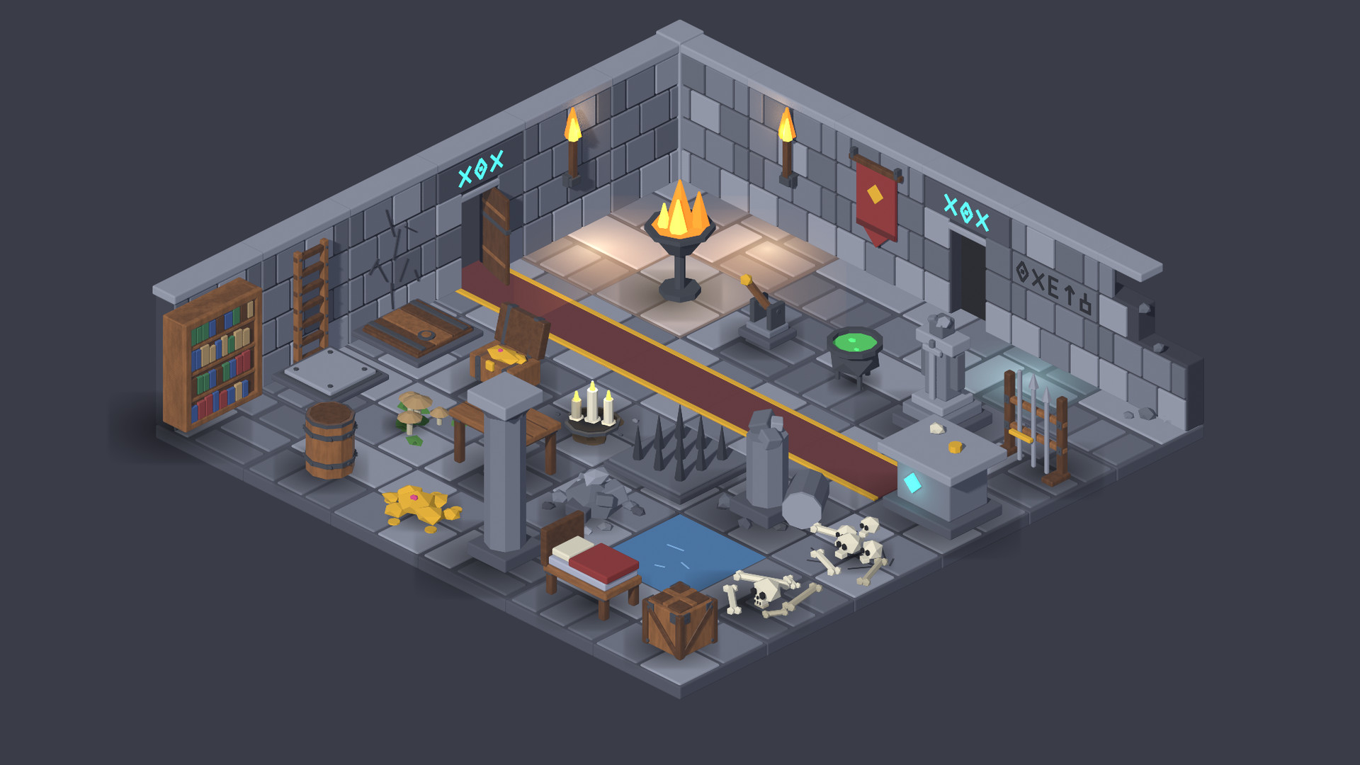 An isometric dungeon room with stone floors and walls, a bookshelf, a barrel, a table with candles, a lit brazier on a tiled dais, a red banner and a skeleton on the floor.