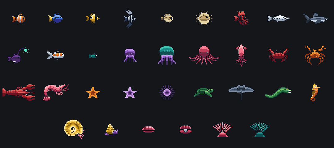 All thirty three Fathom creatures animating at once in a grid: fish swimming, jellyfish pulsing, a crab scuttling and an octopus drifting.
