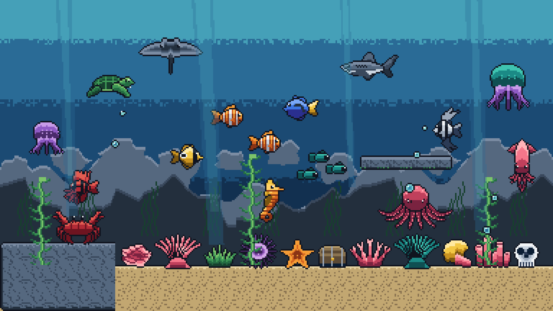 Fathom: an underwater pixel art scene with a shark, a manta ray, a turtle, jellyfish and a dozen fish swimming through kelp and light shafts above a sandy seabed of coral, anemones, a starfish and a chest.
