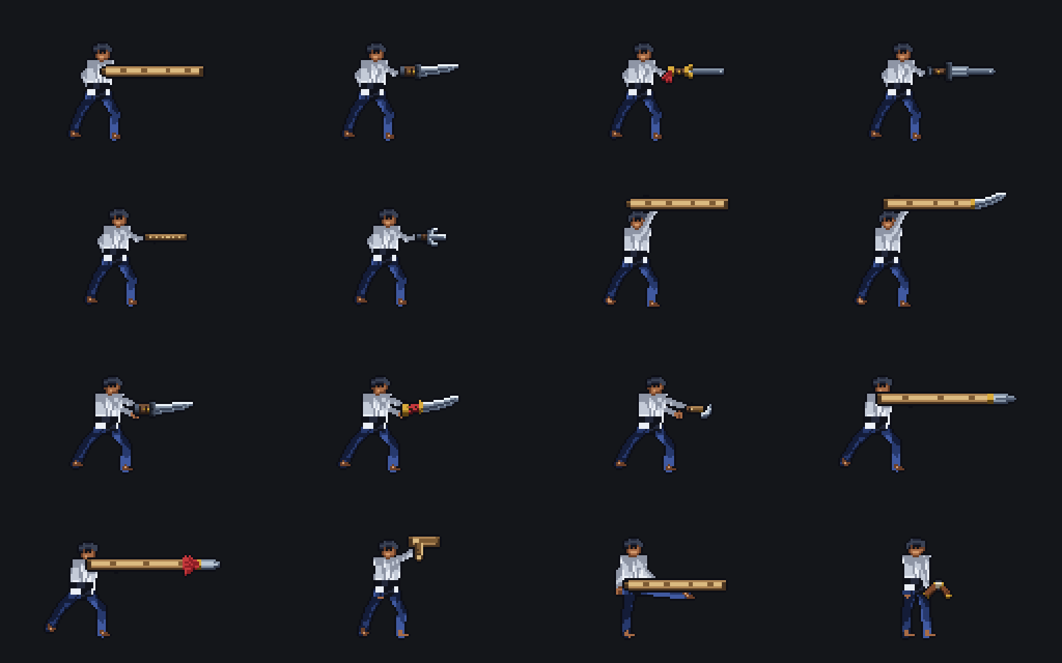 Sixteen pixel art figures of the same practitioner, each in a different stance holding a different weapon: guards, strikes, thrusts, a block, a kick and a resting stance.