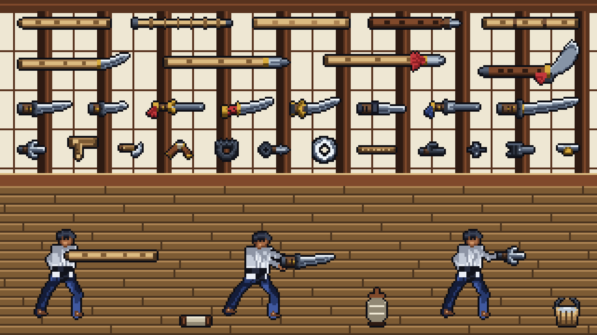 Ironwood: a pixel art dojo with staffs, polearms, swords and short weapons mounted in rows on the shoji wall, and three practitioners on the timber floor below holding a bo, a katana and a sai.