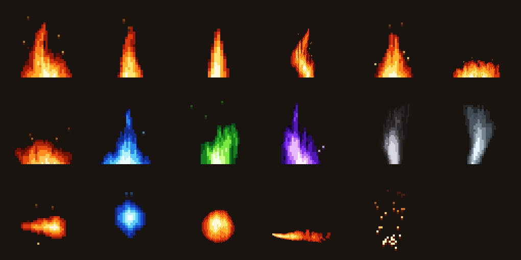 All seventeen Pyre sprites animating at once in a grid: fires flickering, smoke and steam rising, a fireball travelling, a wisp bobbing and an explosion bursting.
