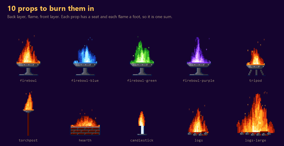 The ten Pyre props, each with a flame burning in it: four iron fire bowls lit orange, blue, green and purple, a tripod brazier, a torch post, a brick forge hearth, a candlestick, and two rings of logs and stones.