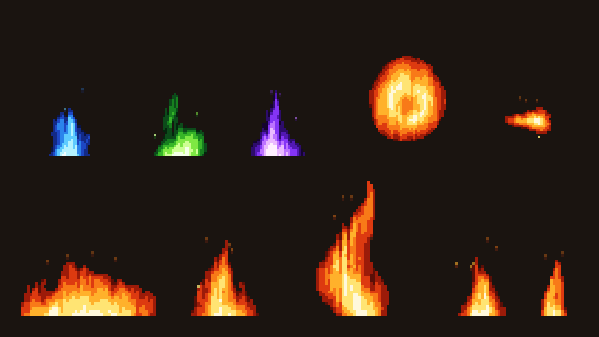 Pyre: ten pixel art fires on a dark ground. Blue, green and purple flames, an explosion and a fireball along the top, and burning ground, a campfire, a tall bonfire, a brazier and a torch standing along the bottom.